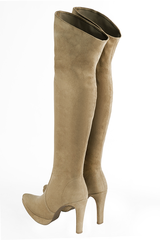 Sand beige women's stretch thigh-high boots. Tapered toe. Very high slim heel with a platform at the front. Made to measure. Rear view - Florence KOOIJMAN